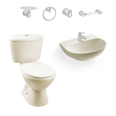 COMBO MANANTIAL BONE: SANITARIO, LAVAMANOS SIN PEDESTAL, GRIFERÍA Y ACCESORIOS